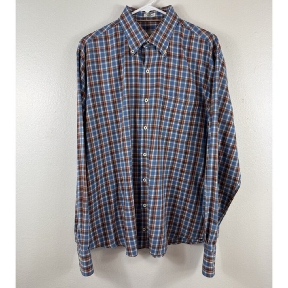 PETER MILLAR Mens Long Sleeve Button Down Shirt Blue/Brown Plaid - SIZE L‎